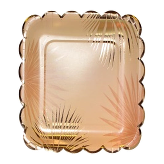 Platos de Cartón Cuadrados Hojas Rosa y Dorado 23 cm 6 uds