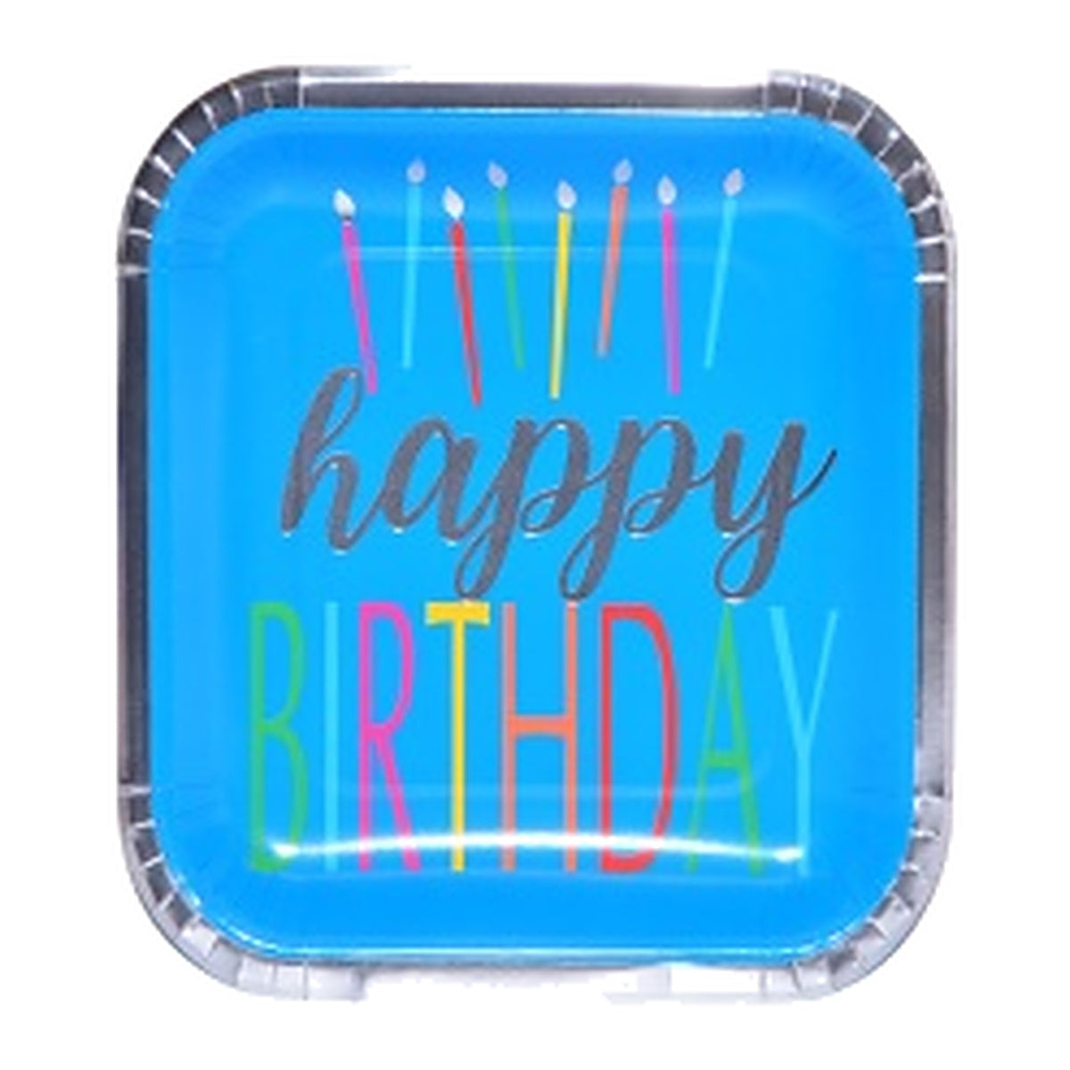 Platos de Cartón Cuadrados Happy Birthday Azul y Plateado