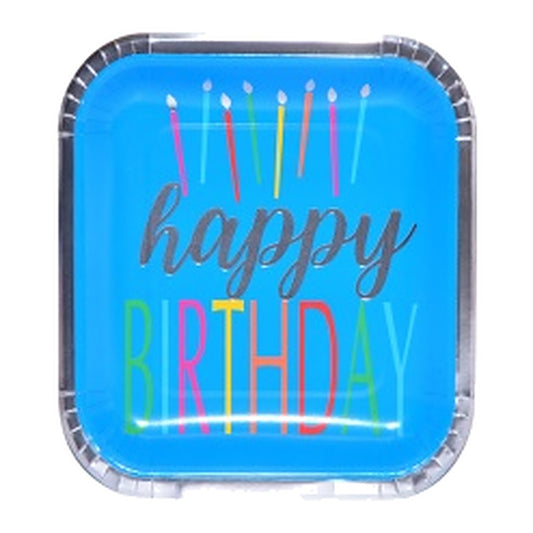 Platos de Cartón Cuadrados Happy Birthday Azul y Plateado