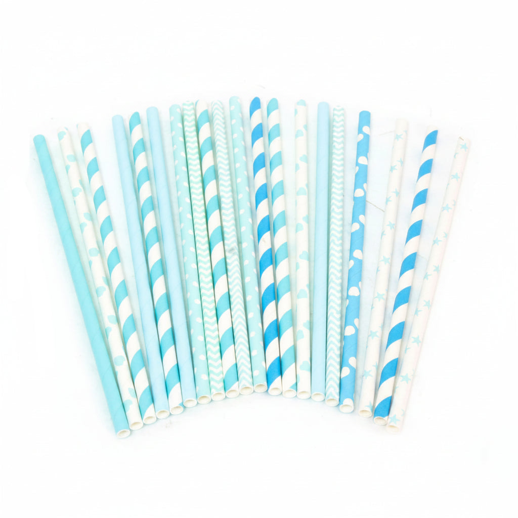 Pajitas Papel Azul Mix Corazones Estrellas Rayas 20uds