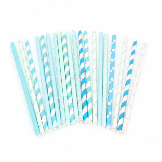 Pajitas Papel Azul Mix Corazones Estrellas Rayas 20uds