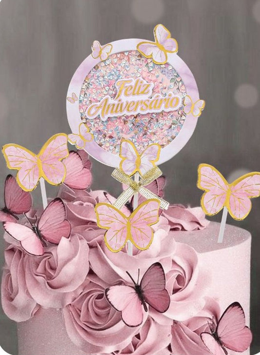 Toppers Feliz Aniversário con Mariposas 4 uds