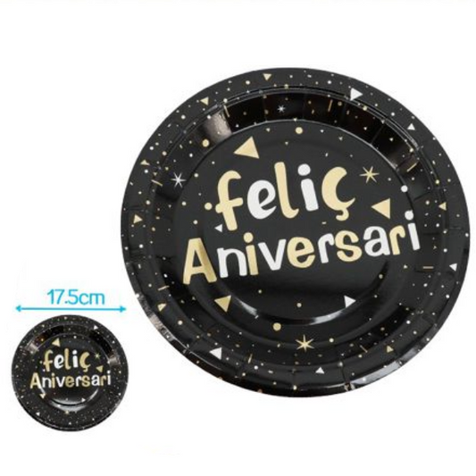 Plato Cartón Cumpleaños Negro y Dorado 17.5 cm / 23 cm | 6 uds