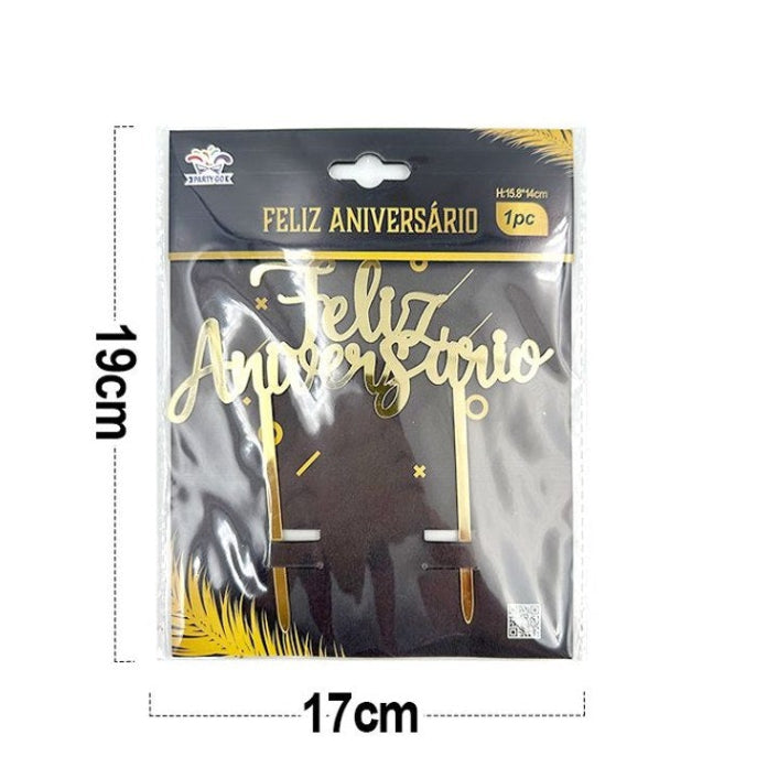 Topper Feliz Aniversário Acrílico Dorado 14 cm