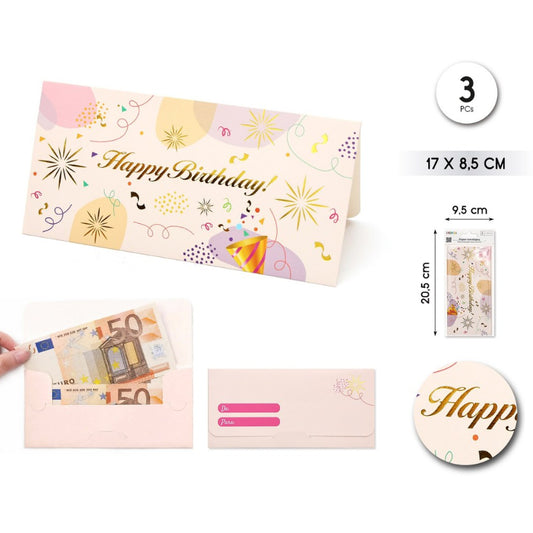 Sobre Happy Birthday 17x8.5 cm Pack 3 uds
