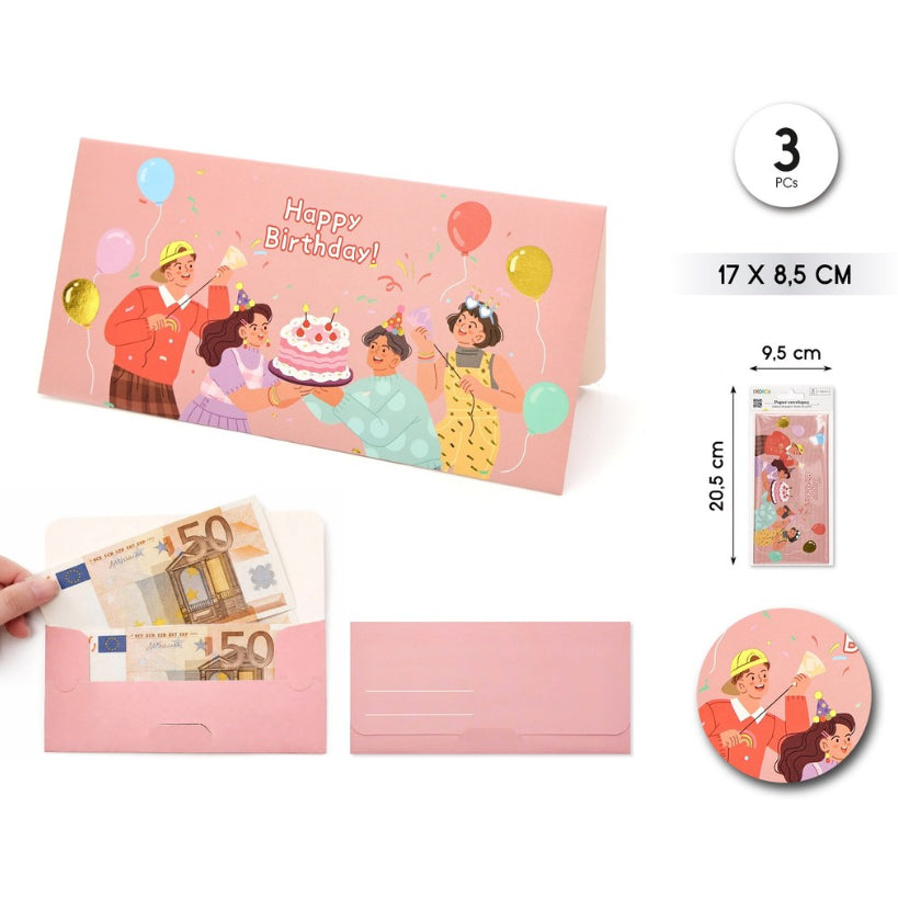 Sobres de Cumpleaños HBD 17×8,5 cm - Pack de 3