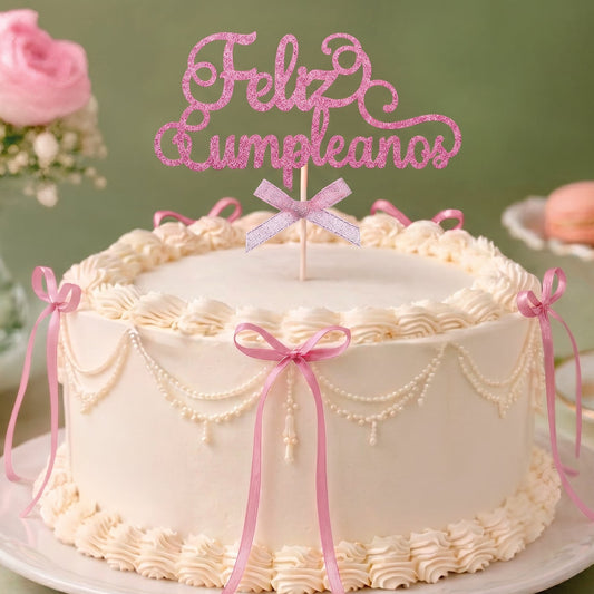 Topper Feliz Cumpleaños Rosa y Lazo