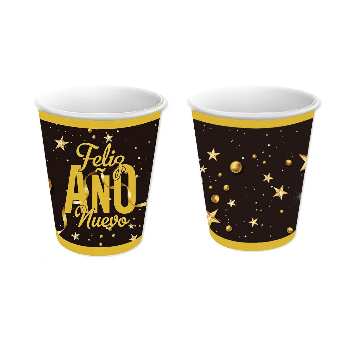 Vasos de Papel Feliz Año Nuevo Negro y Oro 250 ml 6 uds