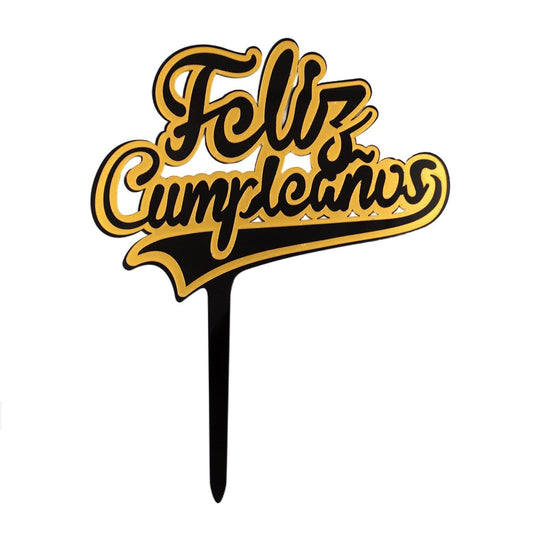 Topper Feliz Cumpleaños Acrílico Negro y Dorado 13 x 17 cm
