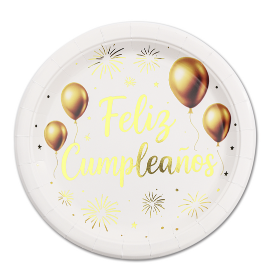 Platos FELIZ CUMPLE ORO BLANCO 18/23cm 12uds