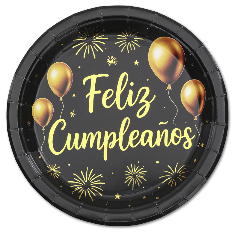 Platos FELIZ CUMPLE ORO NEGRO 18/23cm 12uds