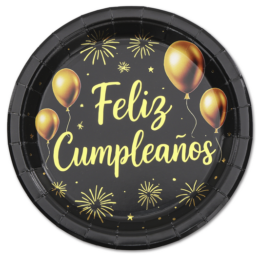 Platos FELIZ CUMPLE ORO NEGRO 18/23cm 12uds