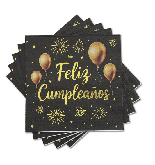 Servilletas Feliz Cumpleaños Oro Negro 33x33cm 12uds