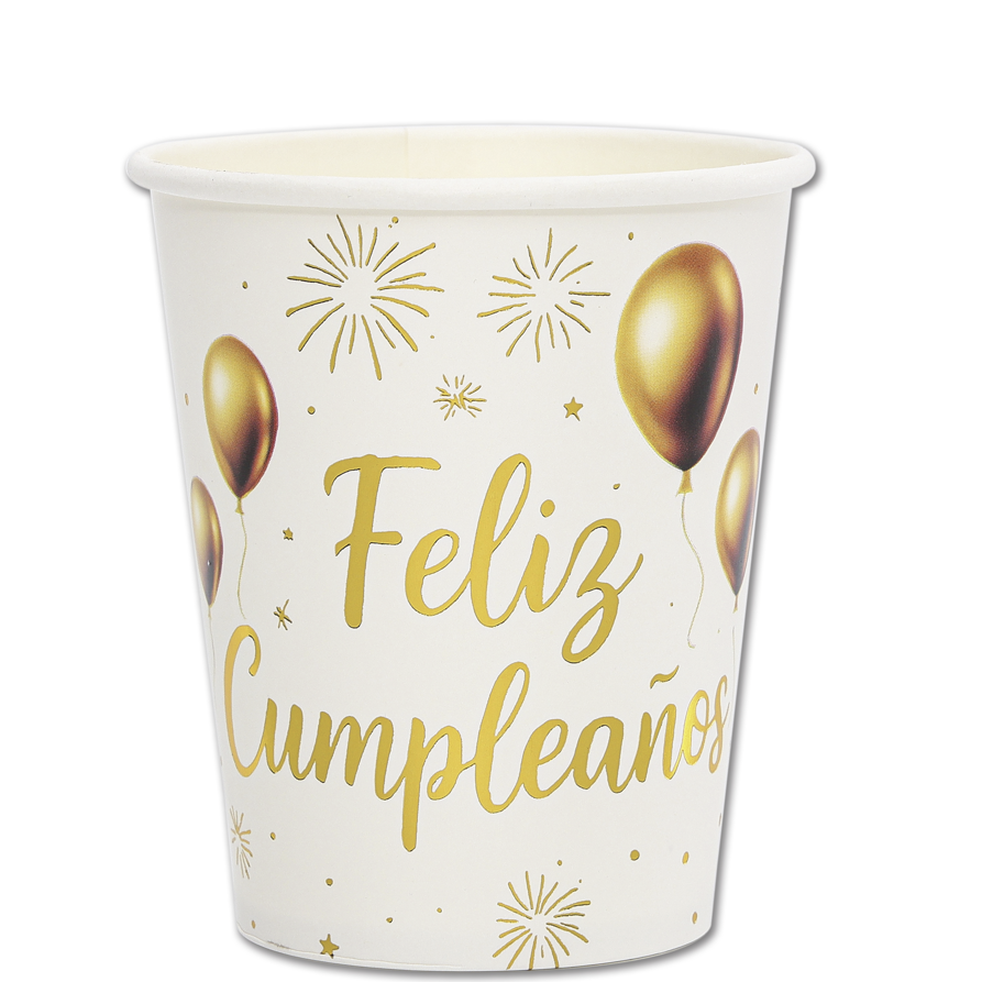 Vasos Papel FELIZ CUMPLE ORO BLANCO 250ml  6uds