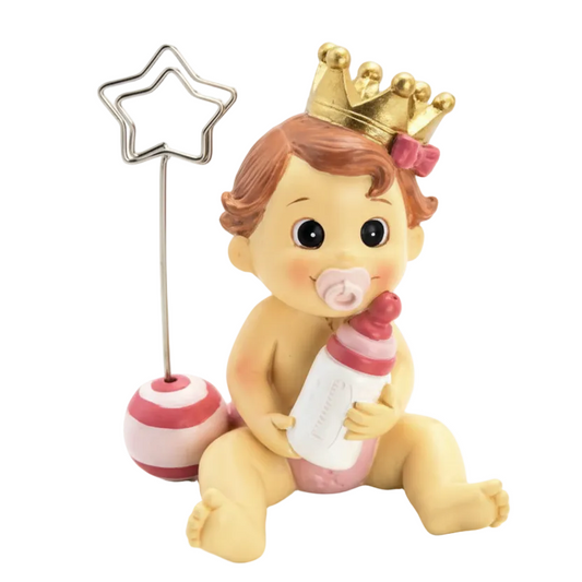 Sujeta-Tarjetas Niña Bebé Corona, Lazo Rosa y Chupete 7.5 cm