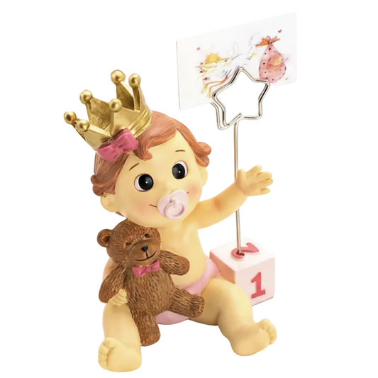 Sujeta-Tarjetas Niña Bebé Corona, Lazo Rosa y Chupete 7.5 cm