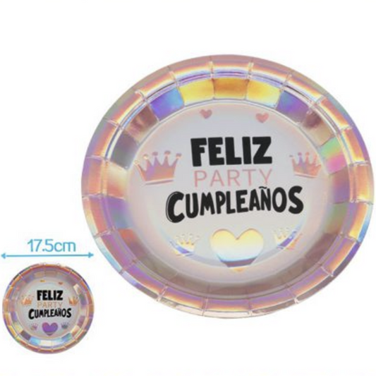 Plato Cartón Cumpleaños Rosa Dorado Corona y Corazón | 17,5 cm / 22,5 cm | 6 uds