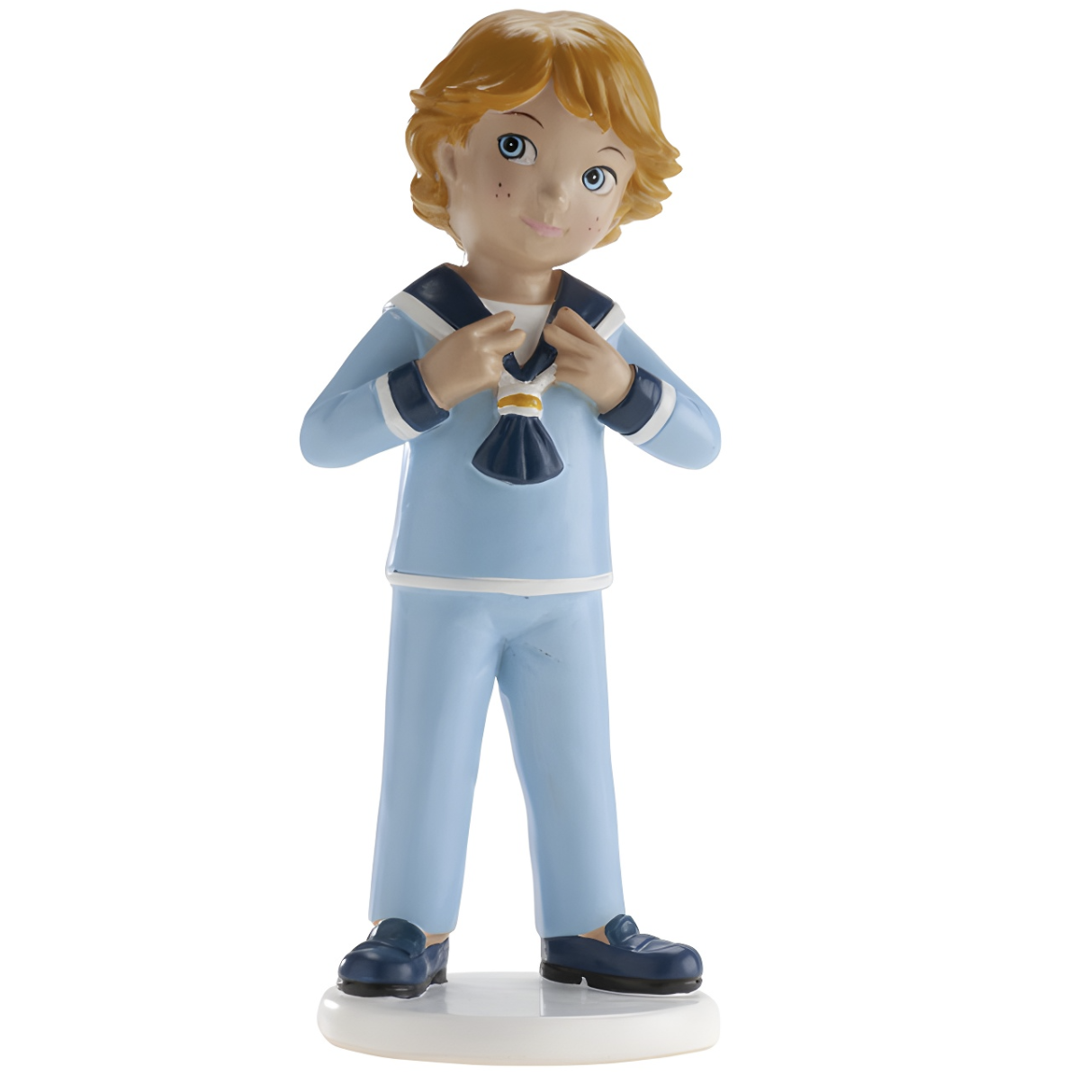 Figura Tarta Primera Comunión Niño Rubio Traje Azul 16 cm
