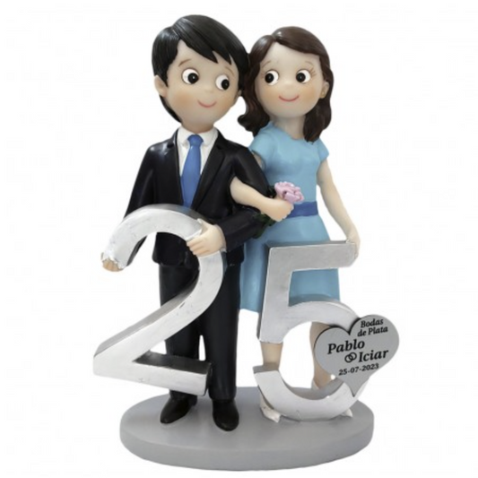 Figura Tarta Bodas de Plata 25 Aniversario con Placa Corazón Personalizada 19CM