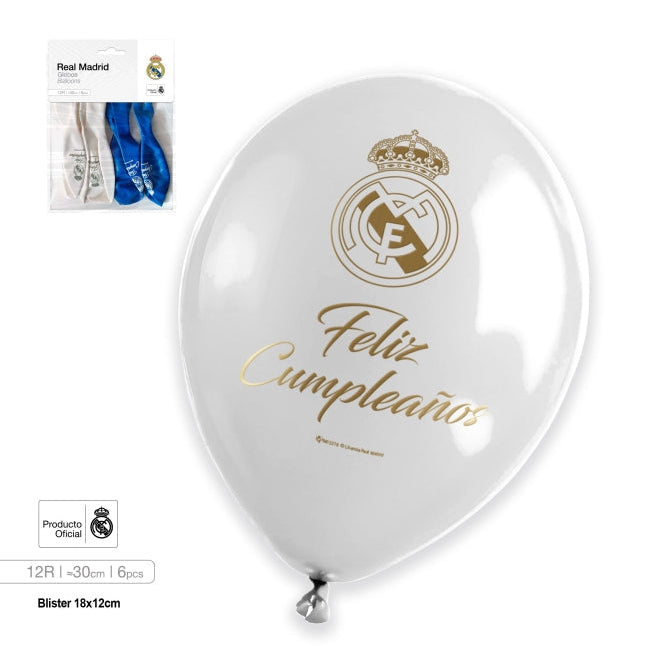 Globos Látex Feliz Cumpleaños Real Madrid Azul y Blanco 6 uds