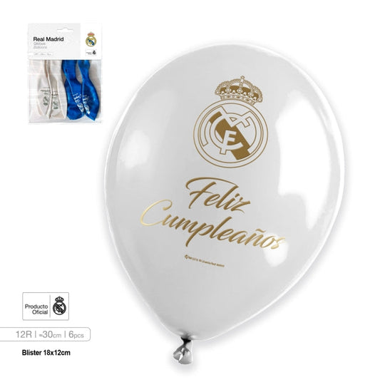 Globos Látex Feliz Cumpleaños Real Madrid Azul y Blanco 6 uds