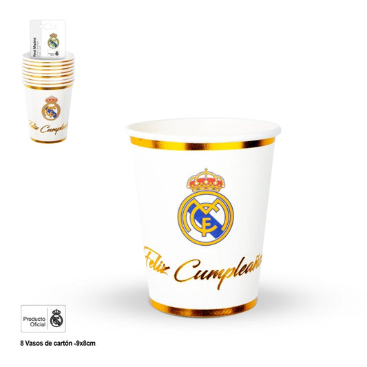 Vasos Real Madrid Feliz Cumpleaños Oro 8 Uds