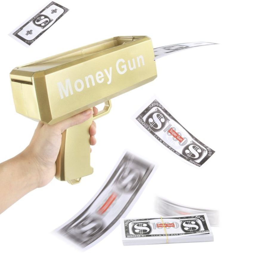 Pistola Lanzadora de Billetes Dorada + 100 Billetes de Juguete
