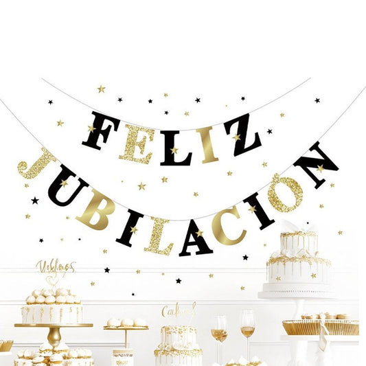 Guirnalda Feliz Jubilación Purpurina Negro y Oro 4 m