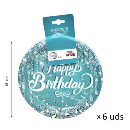 Plato Cartón Happy Birthday Azul 18 cm / 23 cm 6 uds