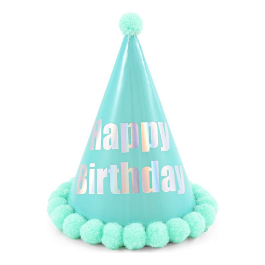 Gorro Happy Birthday Turquesa con Pompones 15,5 x 18,5 cm