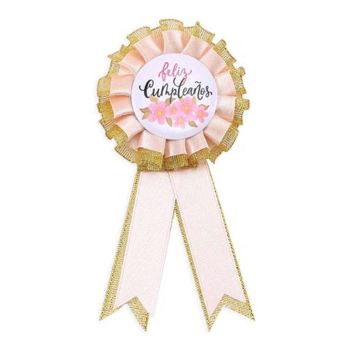 Escarapela Feliz Cumpleaños Rosa y Dorada con Flores 8 x 15,5 cm