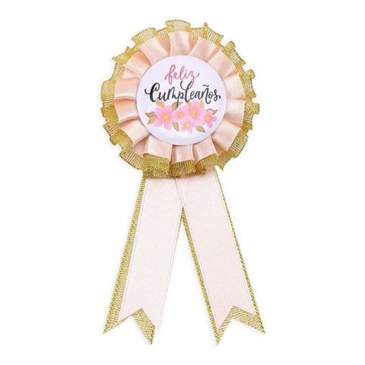 Escarapela Feliz Cumpleaños Rosa y Dorada con Flores 8 x 15,5 cm