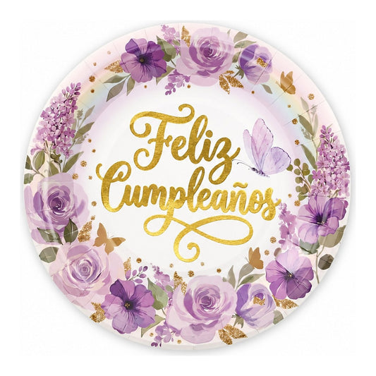 Platos Cartón Feliz Cumpleaños Floral Lila 6 uds - 18cm y 23cm