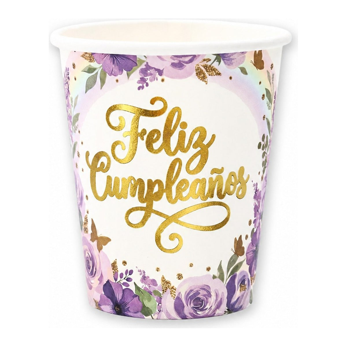 Vasos Cartón Feliz Cumpleaños Floral Lila 250 ml 6 uds
