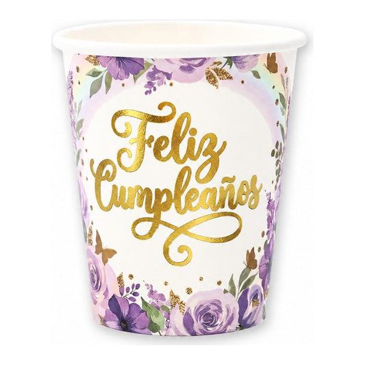 Vasos Cartón Feliz Cumpleaños Floral Lila 250 ml 6 uds