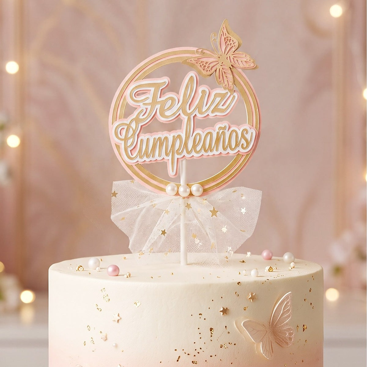Topper Tarta Feliz Cumpleaños Mariposa 10 x 20 cm