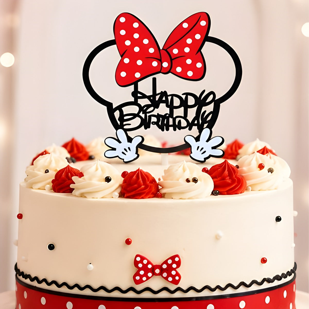 Topper Tarta Happy Birthday Orejas y Lazo Rojo de Lunares 10 x 15 cm