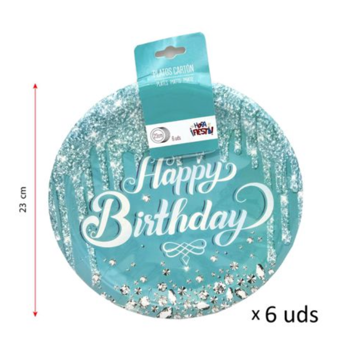 Plato Cartón Happy Birthday Azul 18 cm / 23 cm 6 uds