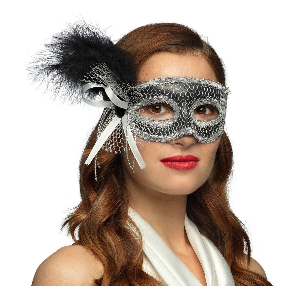 Antifaz Venecia Flapper Plateado con Plumas