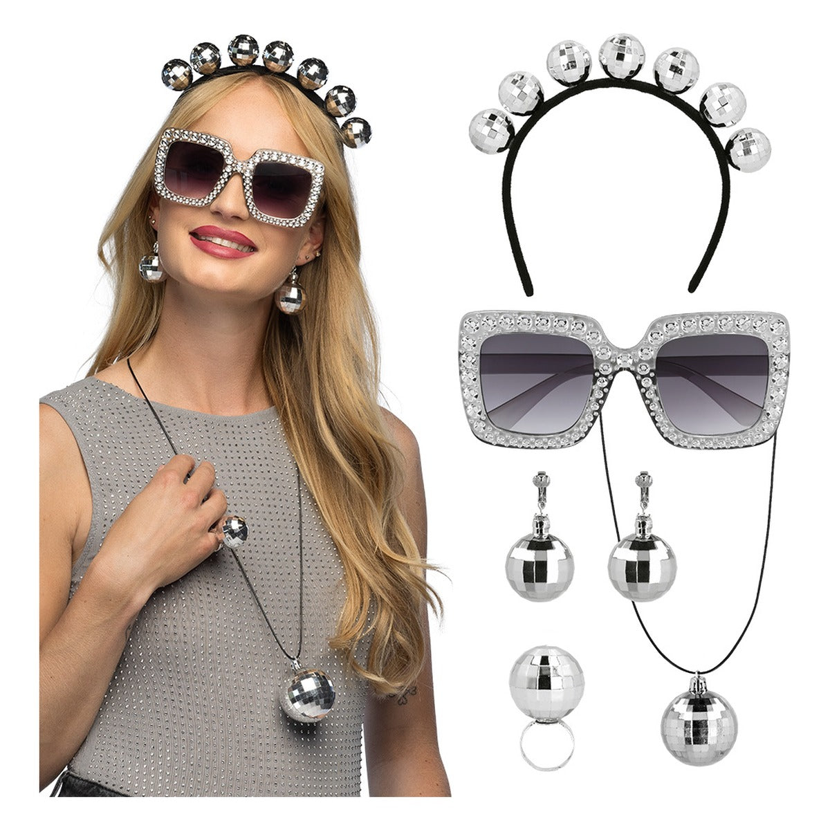 Set Disco 5 piezas Tiara, Gafas, Collar, Anillo y Pendientes