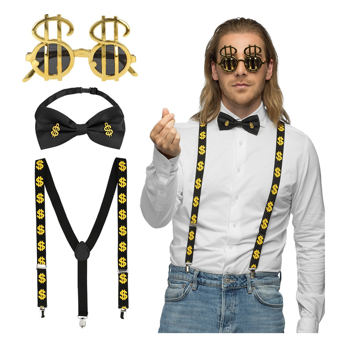 Set Dólar Gafas, Pajarita y Tirantes