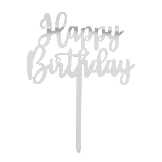 Topper para Tarta Feliz Cumpleaños Plateado 15,5 x 11 cm