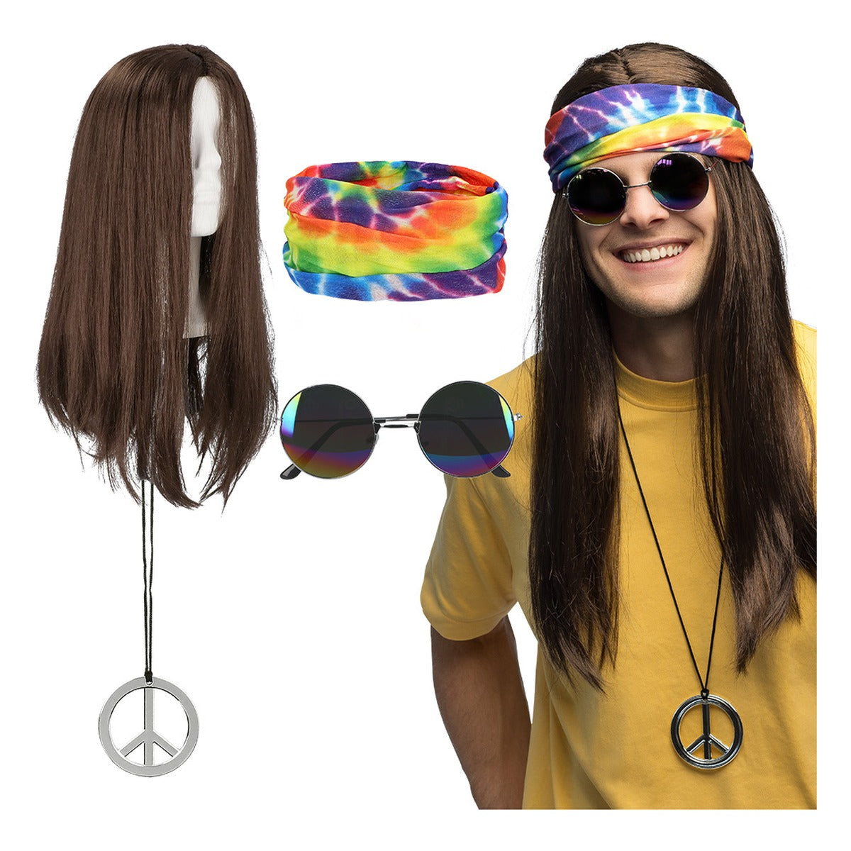 Set Hippie John Diadema, Gafas, Peluca y Collar