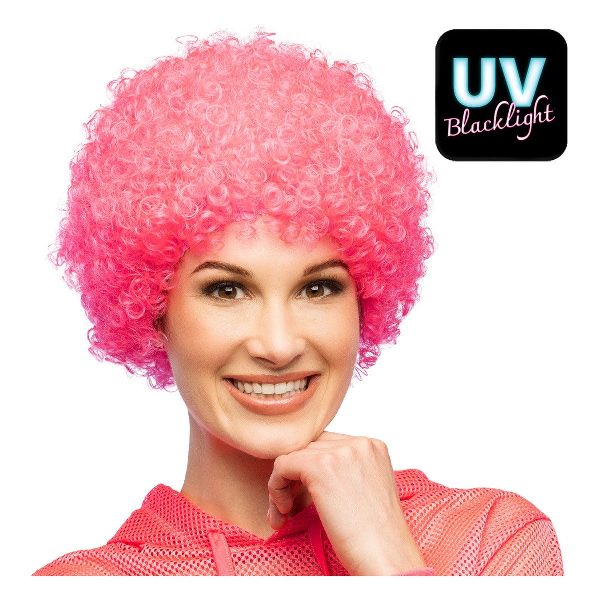 Peluca Afro Rizada Rosa Neón UV