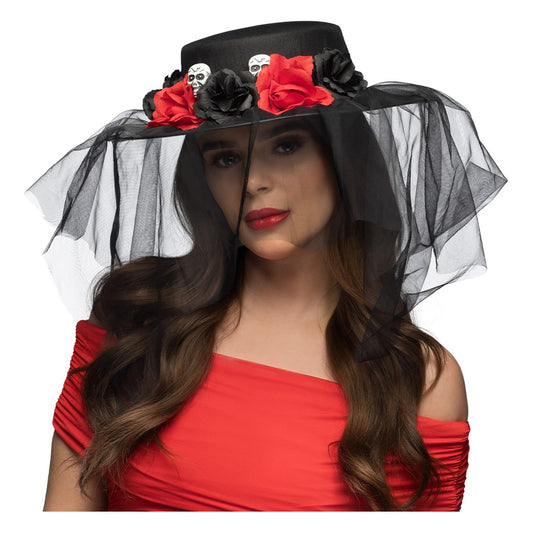 Sombrero Llorona con Velo y Rosas