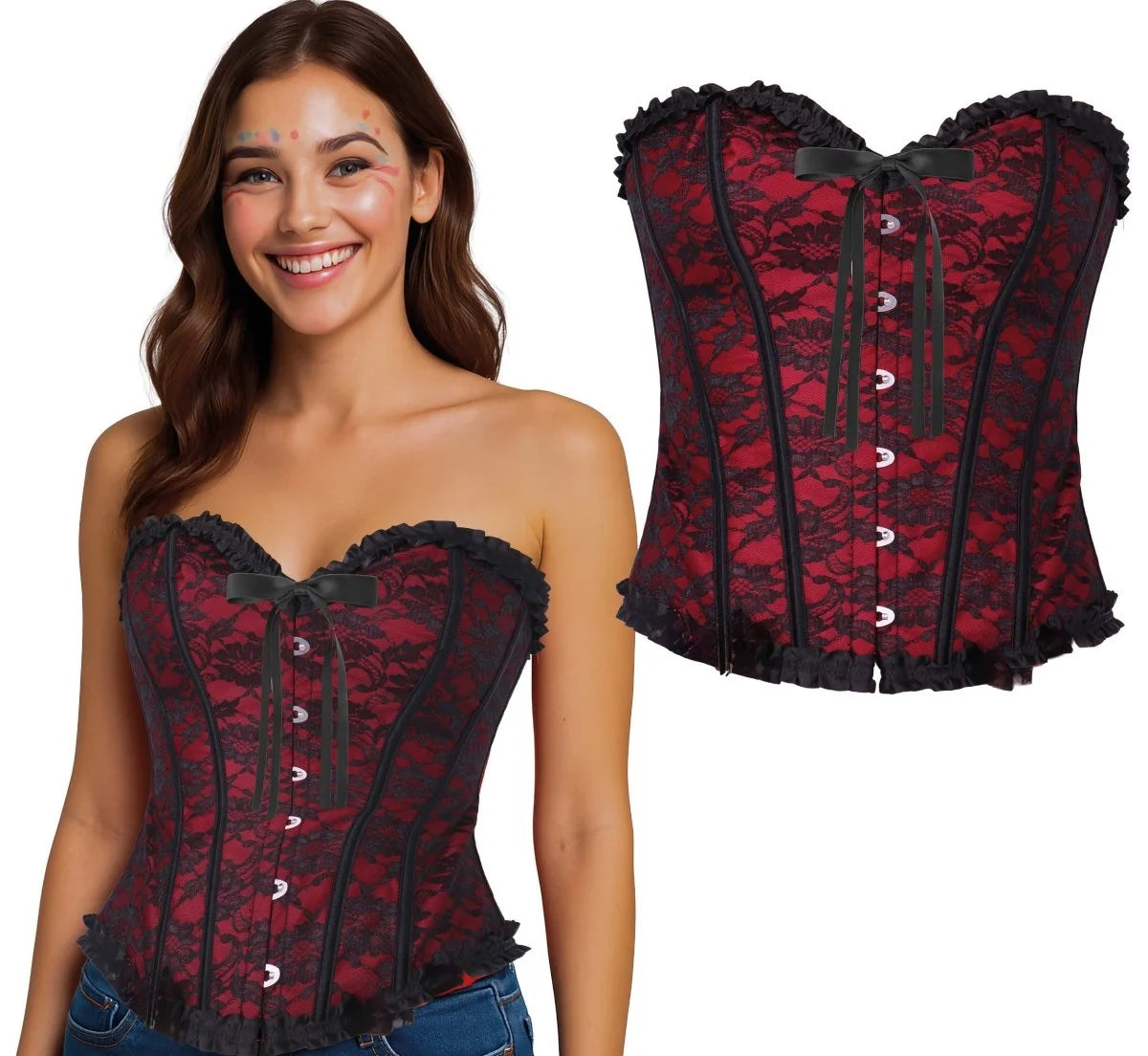 Corsé de Encaje Rojo Burdeos y Negro para Mujer