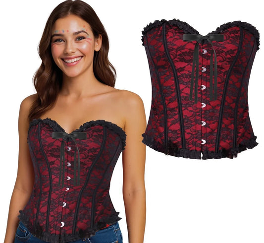 Corsé de Encaje Rojo Burdeos y Negro para Mujer