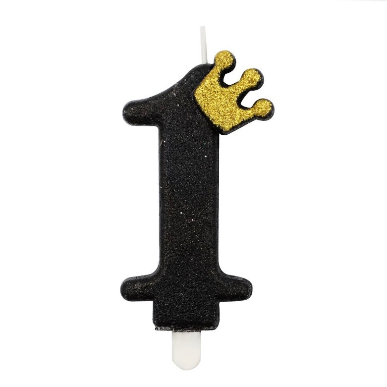 Vela Números 0-9 Corona y Lentejuelas Negras 8.5cm