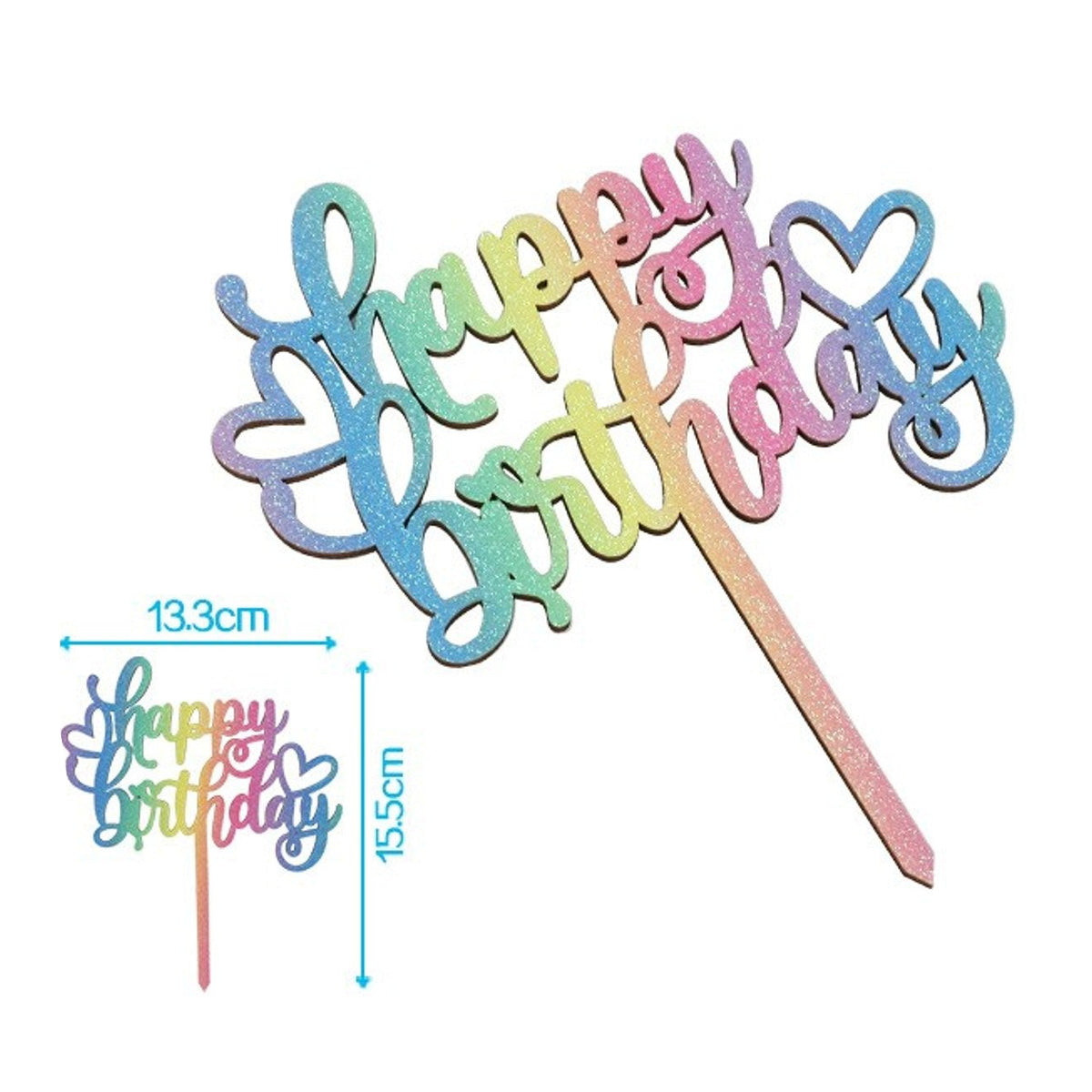 Topper Happy Birthday Arcoíris con Purpurina y Corazones 13,3 x 15,5 cm