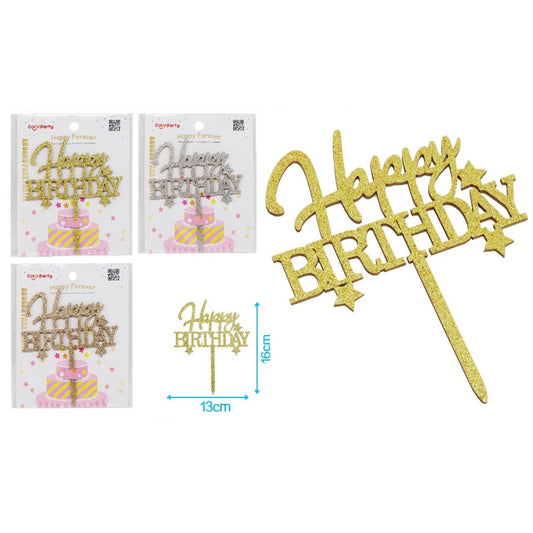 Topper Happy Birthday con Estrellas y Purpurina 13 x 16 cm